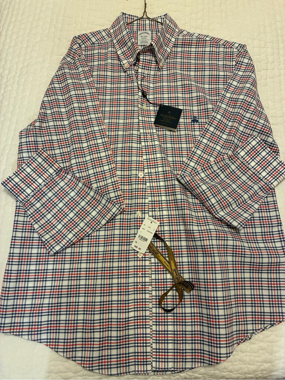 Brooks Brothers Men's White Button-Down Shirt with Blue and Red Check